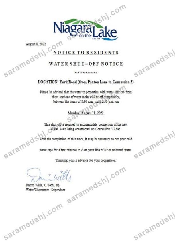 Canada Ontario The Niagara-on-the-Lake water utility shut off notice